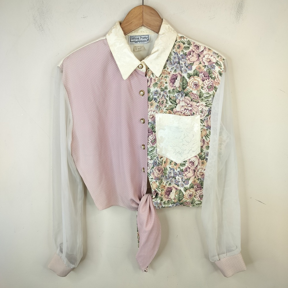 Sitting Pretty Vintage Button Up Blouse Medium Floral Mixed Pattern Cottage 80s